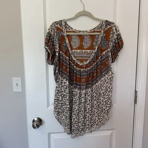 Free People High-Low Scoop Back Paisley-Print Top Boho Puff Sleeve Peasant XS - Picture 7 of 13